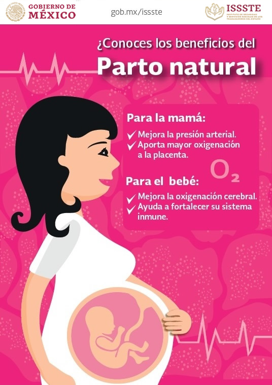 Cartel ¿Conoces los beneficios del Parto natural - Para la mamá: *Mejora la presión arterial *Aparta mayor oxigenación a la placenta., Para el bebé: *Mejora la oxigenación cerebral *Ayuda a fortalecer su sistema inmune 